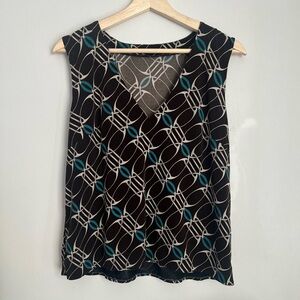 Sleeveless Brown Geo-Print V-Neck Top with Blue Accents